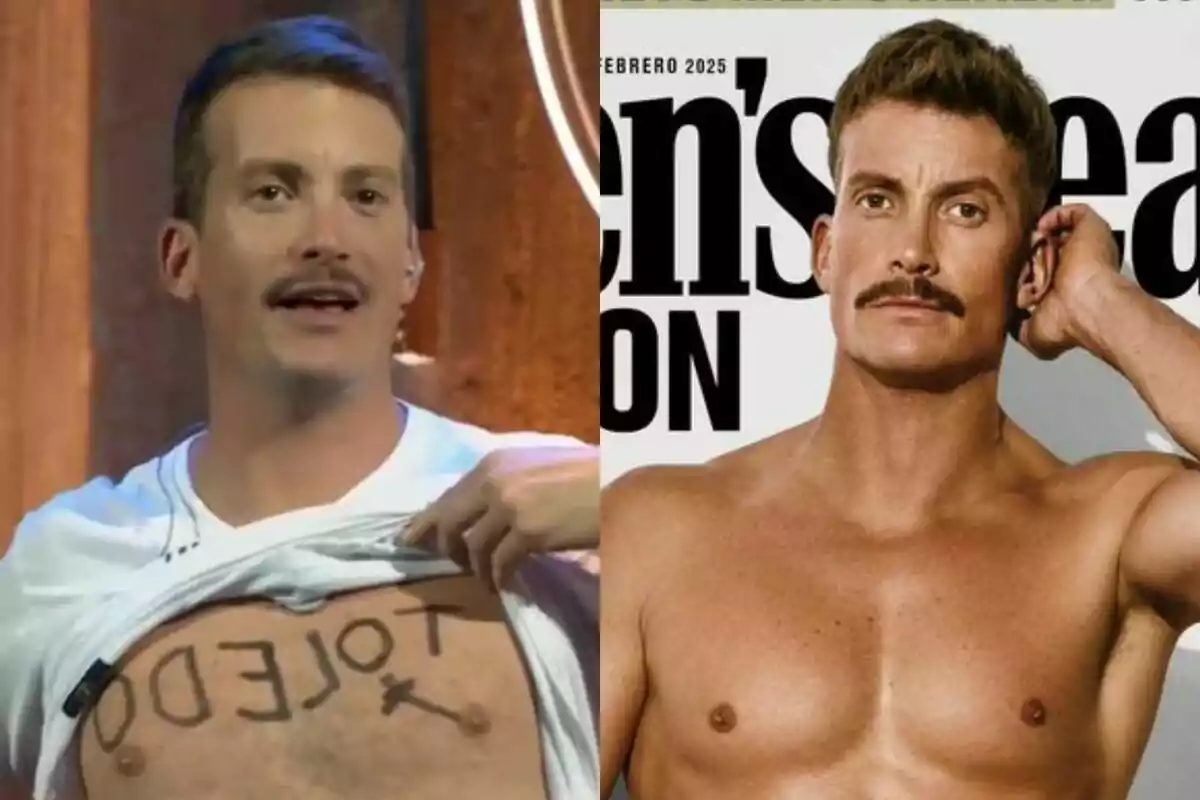 Grison amb bigoti mostra un missatge escrit al pit en una imatge, mentre que a l'altra posa sense camisa per a la portada d'una revista. Grison amb bigoti mostra un missatge escrit al pit en una imatge, mentre que a l'altra posa sense camisa per a la portada d'una revista.