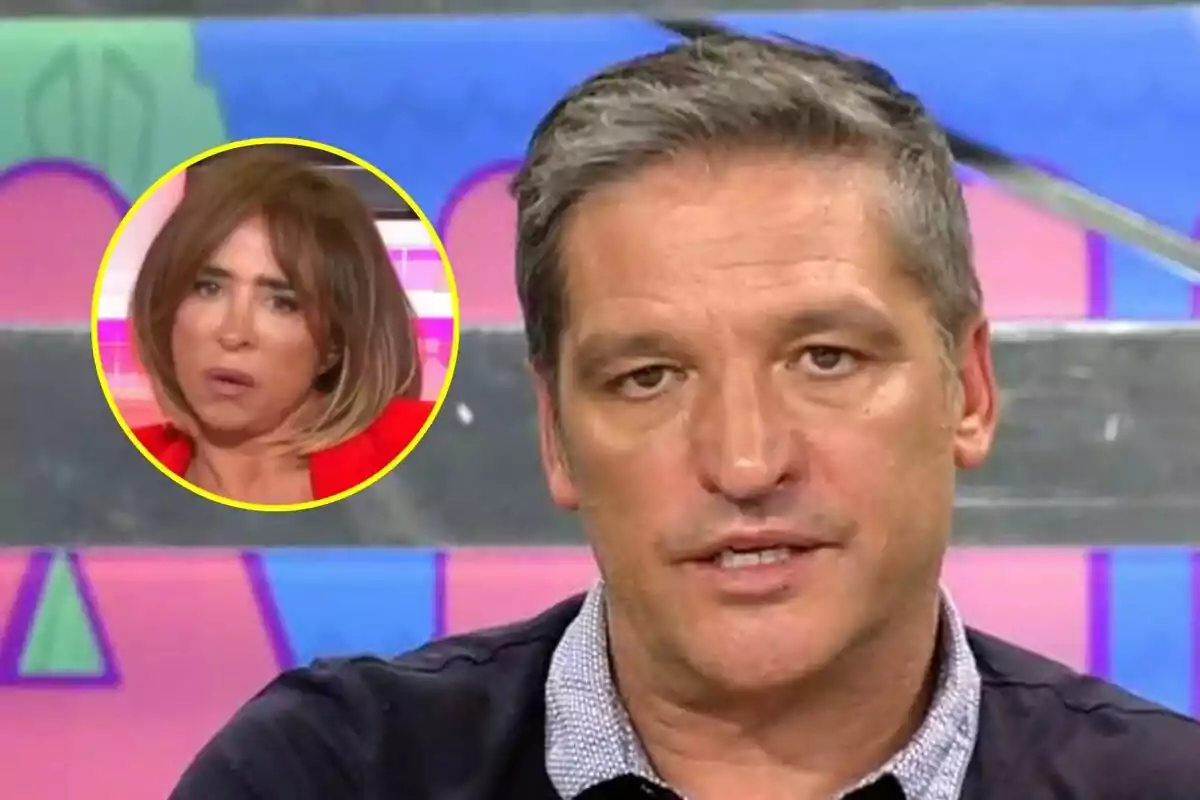 Gustavo González parlant a Sálvame amb una imatge circular de María Patiño a la cantonada superior esquerra.