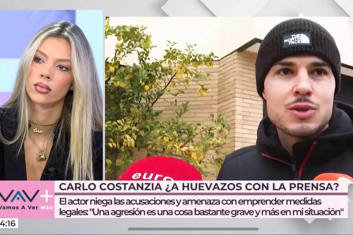 Alejandra Rubio aparece en 'Vamos a ver' a la izquierda, mientras que a la derecha Carlo Costanzia con gorro negro es entrevistado al aire libre; en la parte inferior hay un texto que menciona a Carlo Costanzia y una situación de agresión. Alejandra Rubio aparece en 'Vamos a ver' a la izquierda, mientras que a la derecha Carlo Costanzia con gorro negro es entrevistado al aire libre; en la parte inferior hay un texto que menciona a Carlo Costanzia y una situación de agresión.