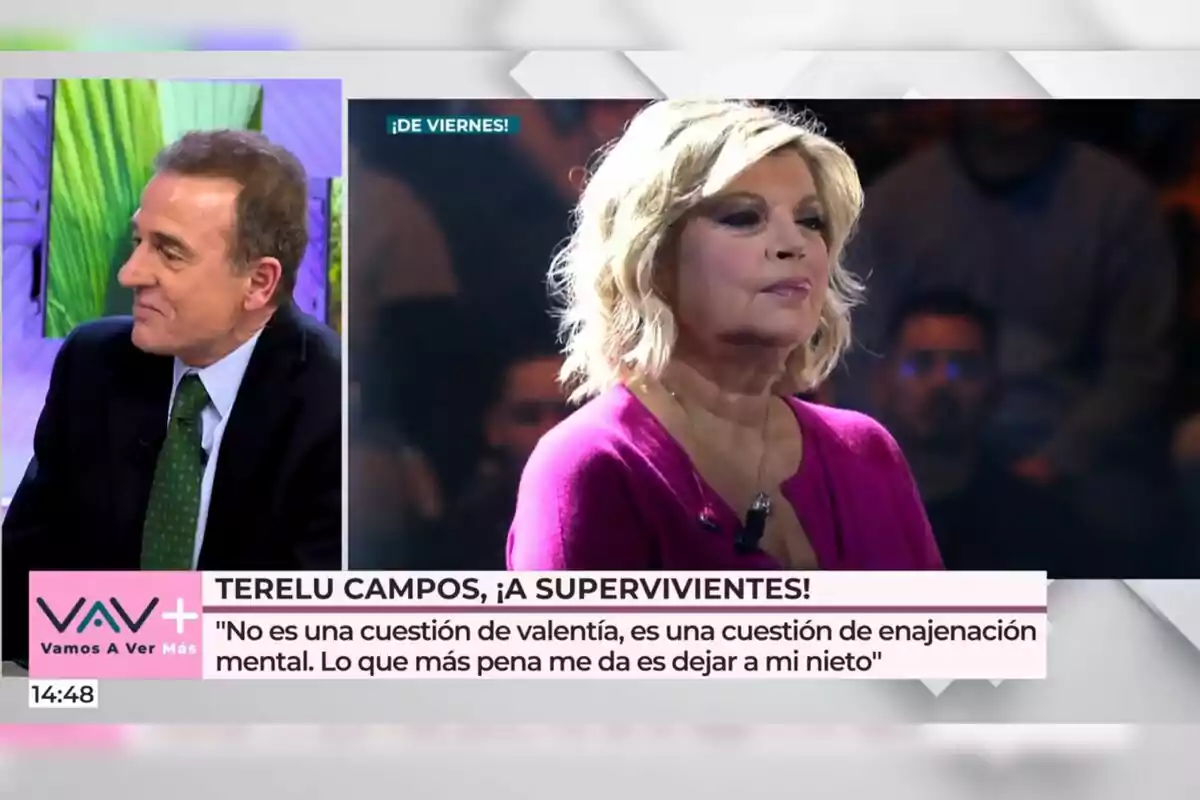 En la imagen se observa a dos personas en un programa de televisión, una de ellas es Alessandro Lequio y está en un estudio con fondo verde y la otra es Terelu Campos y está en un escenario iluminado, con un texto en la parte inferior que menciona a Terelu Campos y su participación en En la imagen se observa a dos personas en un programa de televisión, una de ellas es Alessandro Lequio y está en un estudio con fondo verde y la otra es Terelu Campos y está en un escenario iluminado, con un texto en la parte inferior que menciona a Terelu Campos y su participación en