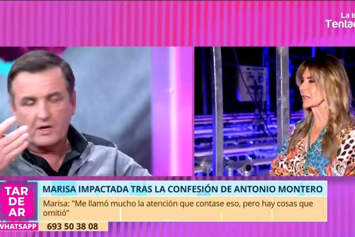 Antonio Montero y Marisa Martín-Blázquez conversan en un programa de televisión con un fondo colorido y un texto en pantalla que menciona una confesión de Antonio Montero. Antonio Montero y Marisa Martín-Blázquez conversan en un programa de televisión con un fondo colorido y un texto en pantalla que menciona una confesión de Antonio Montero.