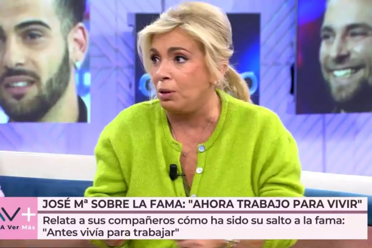 Carmen Borrego con suéter verde habla en un programa de televisión, con un texto en pantalla que menciona a José Mª y su experiencia con la fama. Carmen Borrego con suéter verde habla en un programa de televisión, con un texto en pantalla que menciona a José Mª y su experiencia con la fama.