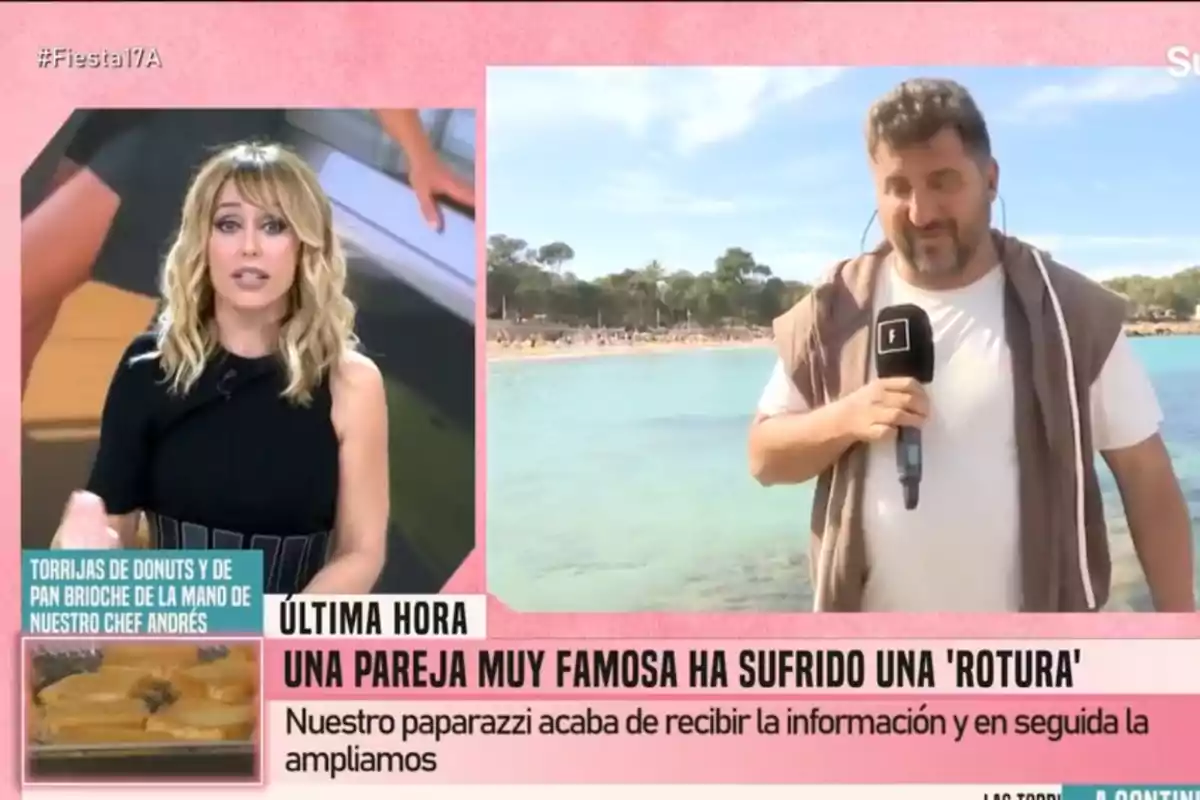 Emma García en un estudio de televisión y reportero en una playa, con texto en pantalla sobre una noticia de última hora acerca de una pareja famosa.
