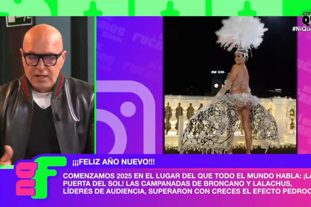 Kiko Matamoros con gafas y chaqueta de cuero habla en un programa, mientras en la pantalla se muestra a Cristina Pedroche con un elaborado disfraz de plumas y encaje en un entorno nocturno festivo. Kiko Matamoros con gafas y chaqueta de cuero habla en un programa, mientras en la pantalla se muestra a Cristina Pedroche con un elaborado disfraz de plumas y encaje en un entorno nocturno festivo.