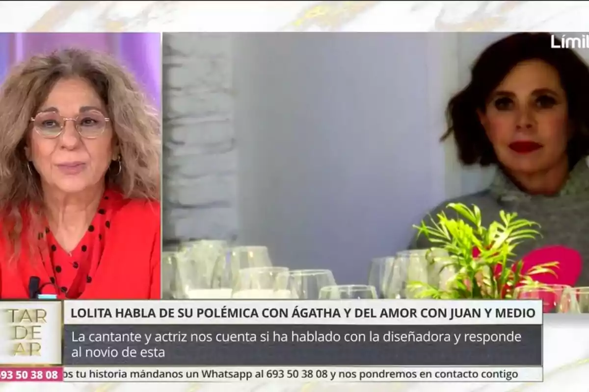 Lolita Flores y Agatha Ruíz de la Prada en un programa de televisión, Lolita lleva gafas y viste de rojo, mientras que Agatha está en un recuadro separado, con un fondo de copas y plantas; el texto en pantalla menciona una polémica y un romance. Lolita Flores y Agatha Ruíz de la Prada en un programa de televisión, Lolita lleva gafas y viste de rojo, mientras que Agatha está en un recuadro separado, con un fondo de copas y plantas; el texto en pantalla menciona una polémica y un romance.