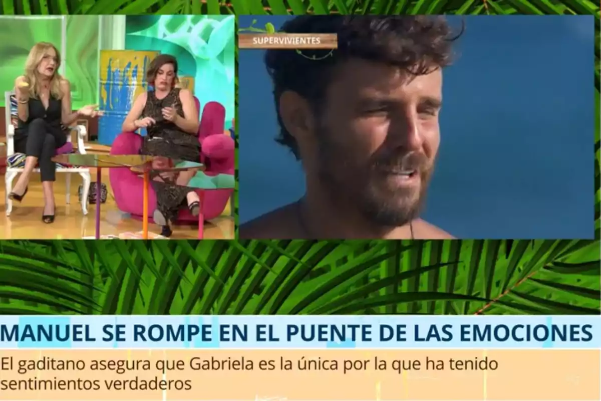 En un programa de televisión, Belén Rodríguez y Leticia Requejo están sentadas en un set colorido mientras Manuel González aparece en una pantalla dividida, con un texto que menciona un momento emocional relacionado con Gabriela. En un programa de televisión, Belén Rodríguez y Leticia Requejo están sentadas en un set colorido mientras Manuel González aparece en una pantalla dividida, con un texto que menciona un momento emocional relacionado con Gabriela.