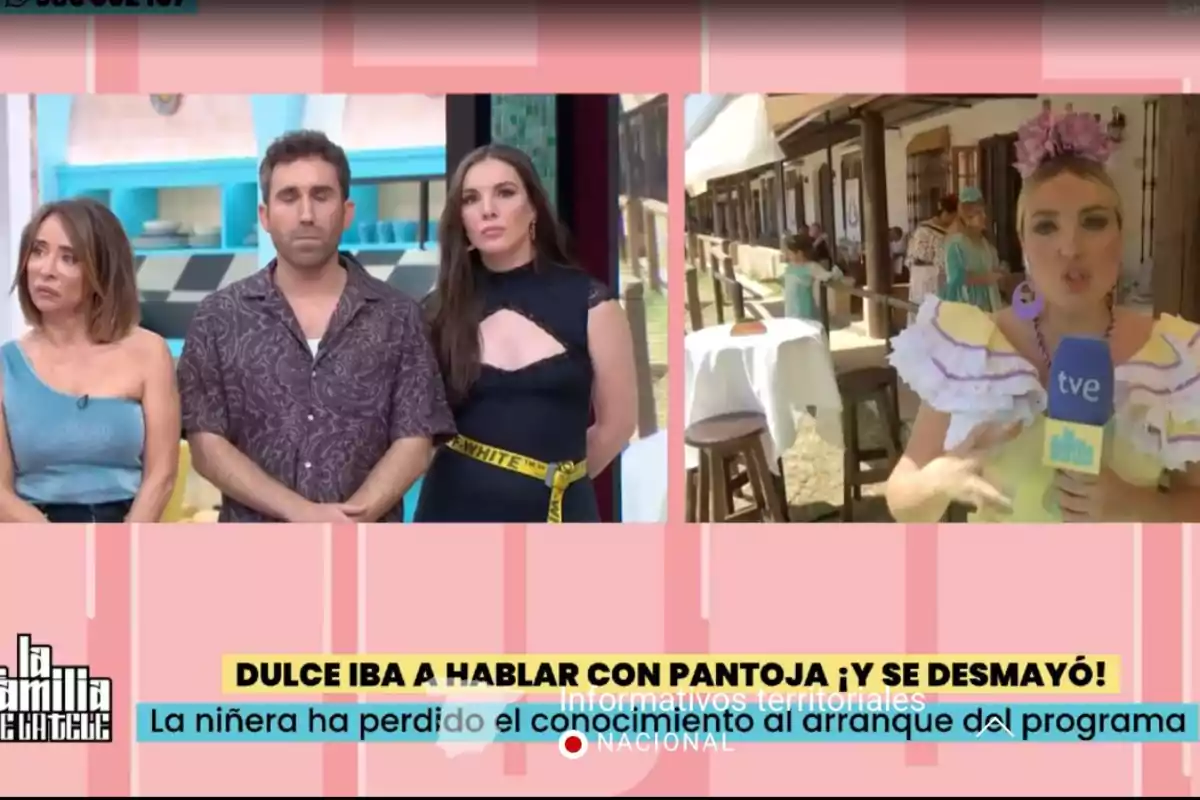 Tres presentadors en un plató de televisió al costat d’una reportera vestida de flamenca que informa des de l’exterior, amb una franja de notícies a la part inferior de la pantalla. Tres presentadors en un plató de televisió al costat d’una reportera vestida de flamenca que informa des de l’exterior, amb una franja de notícies a la part inferior de la pantalla.