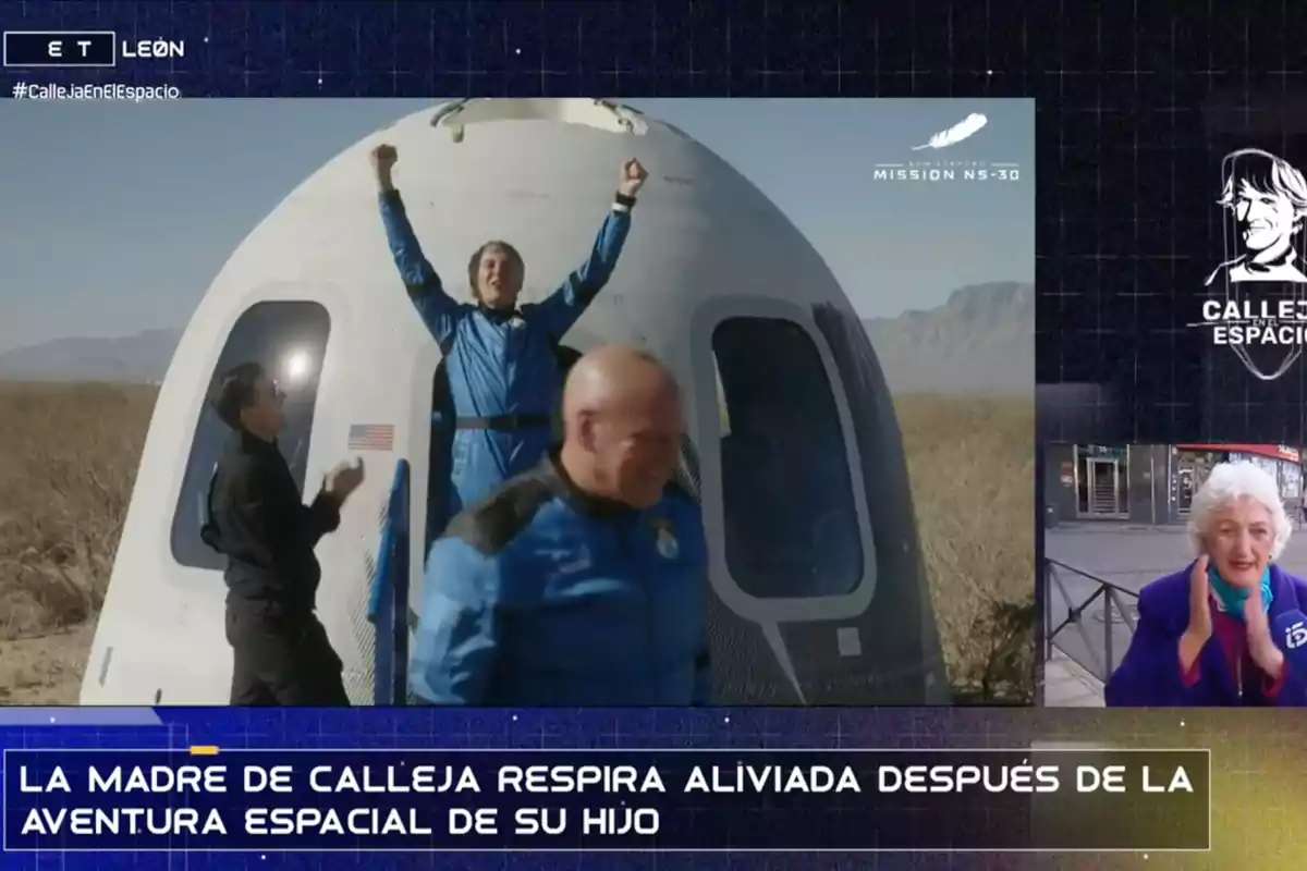Un grupo de personas celebra al lado de una cápsula espacial en un entorno desértico, mientras María Jesús Calleja aparece en una videollamada en la esquina inferior derecha. Capura de 'Informativos Telecinco' Un grupo de personas celebra al lado de una cápsula espacial en un entorno desértico, mientras María Jesús Calleja aparece en una videollamada en la esquina inferior derecha. Capura de 'Informativos Telecinco'