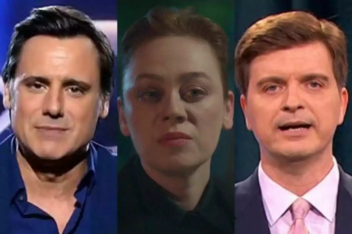Ion Aramendi en GH DÚO, Bahar en Renacer y Marc Giró en Late Xou en un collage, cada una en un recuadro separado, con expresiones faciales serias.