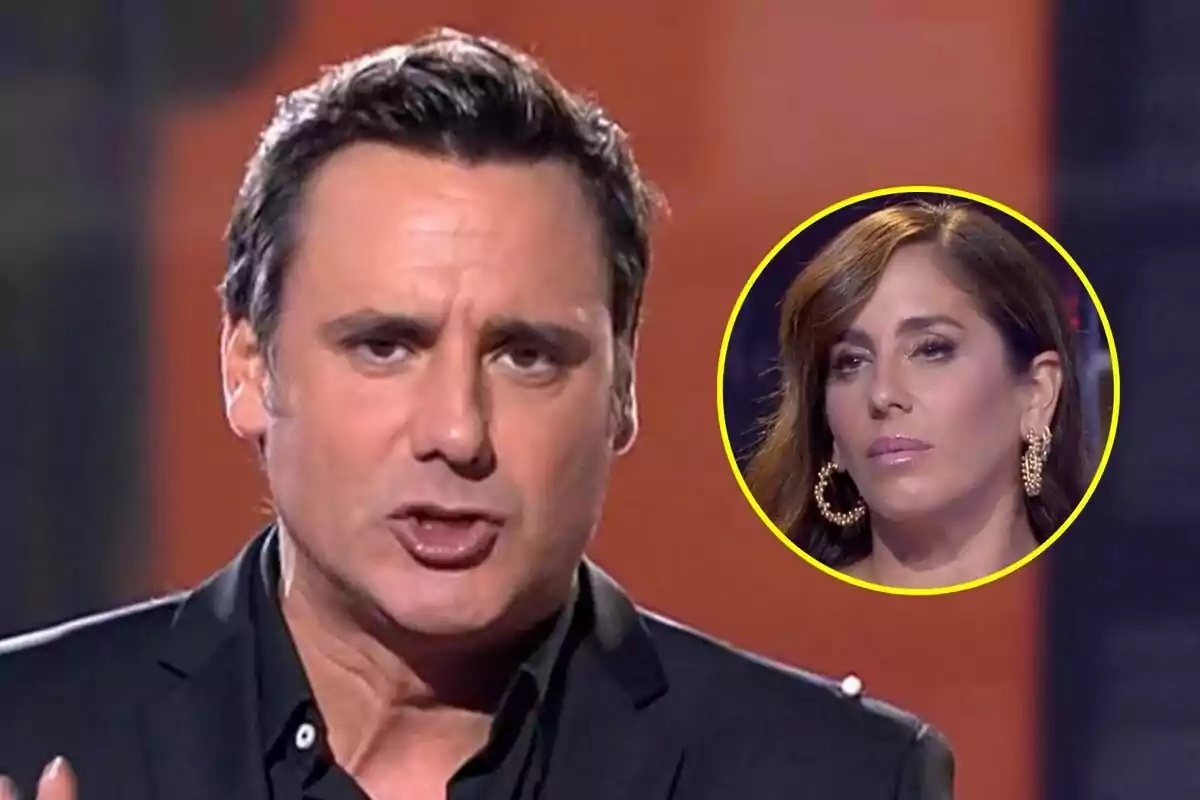 Ion Aramendi parlant a GH DUO en primer pla amb Anabel Pantoja en un cercle groc a la cantonada superior dreta.