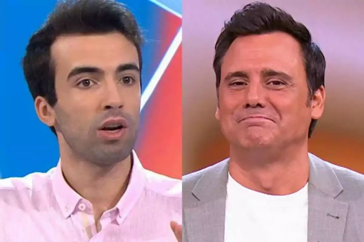 Bruno Vila y Ion Aramendi en un montaje de fotos, uno con camisa rosa y el otro con chaqueta gris, ambos con expresiones faciales diferentes en 'Reacción en Cadena'.
