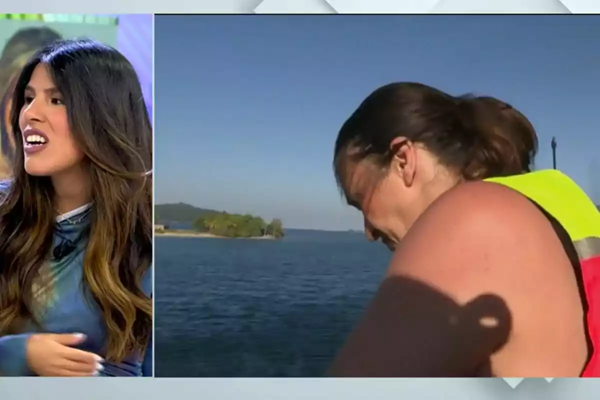 Isa Pantoja de cabello largo y oscuro está hablando en Vamos a ver mientras Laura Cuevas con chaleco de seguridad está al aire libre cerca del agua en Supervivientes. Isa Pantoja de cabello largo y oscuro está hablando en Vamos a ver mientras Laura Cuevas con chaleco de seguridad está al aire libre cerca del agua en Supervivientes.