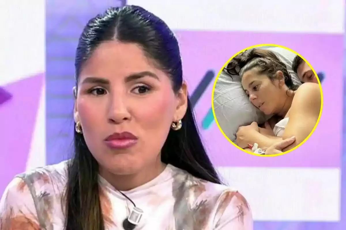 Isa Pantoja con expresión seria en Vamos a ver, con un recuadro que muestra a Anabel Pantoja con su hija acostada en una cama.