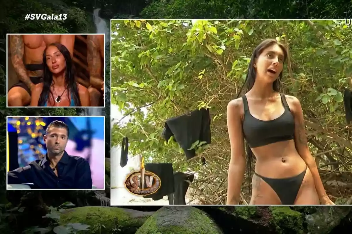 Captura de Marieta Díaz en la playa de Supervivientes con Aurah Ruiz desde palapa y Ángel Cristo en el plató Captura de Marieta Díaz en la playa de Supervivientes con Aurah Ruiz desde palapa y Ángel Cristo en el plató