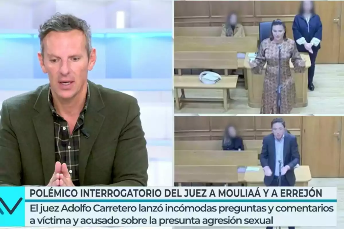 Joaquín Prat en 'Vamos a ver' y dos imágenes del juicio de Elisa Mouliaá hablando en un tribunal, con un texto que menciona un interrogatorio polémico del juez Adolfo Carretero. Joaquín Prat en 'Vamos a ver' y dos imágenes del juicio de Elisa Mouliaá hablando en un tribunal, con un texto que menciona un interrogatorio polémico del juez Adolfo Carretero.