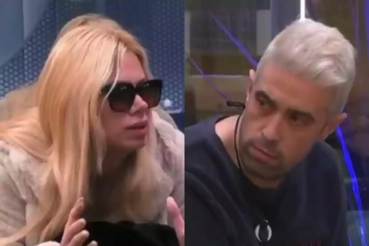 Vanessa Bouza i Javi Mouzo asseguts en un entorn interior a GH DÚO, una dona amb ulleres de sol i cabell ros i un home amb cabell curt i canós, tots dos semblen estar en una conversa seriosa.