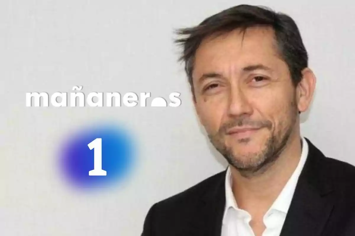 Javier Ruiz con barba y cabello oscuro lleva un traje oscuro y camisa blanca, junto a él aparece el texto "mañaneros" y el número 1 sobre un fondo difuminado azul y morado.