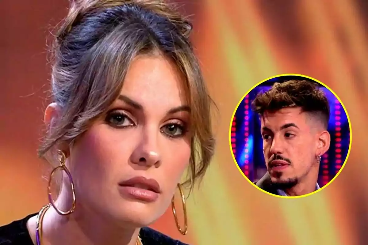 Jessica Bueno con expresión seria y aretes grandes en De Viernes en primer plano y Luitingo en un círculo amarillo en el fondo.