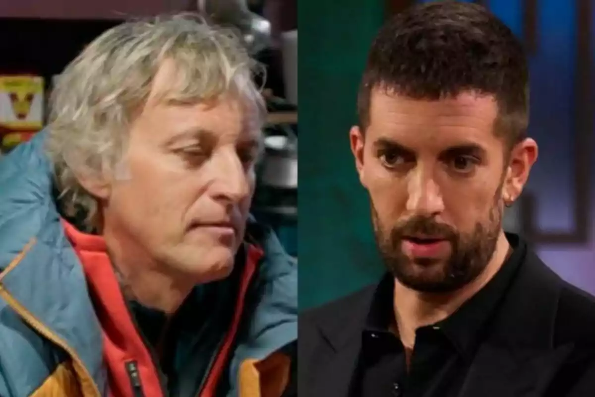 Dos homes en una imatge dividida, Jesús Calleja amb cabell canós i jaqueta blava a Universo Calleja i David Broncano amb barba i cabell fosc a La Revuelta.