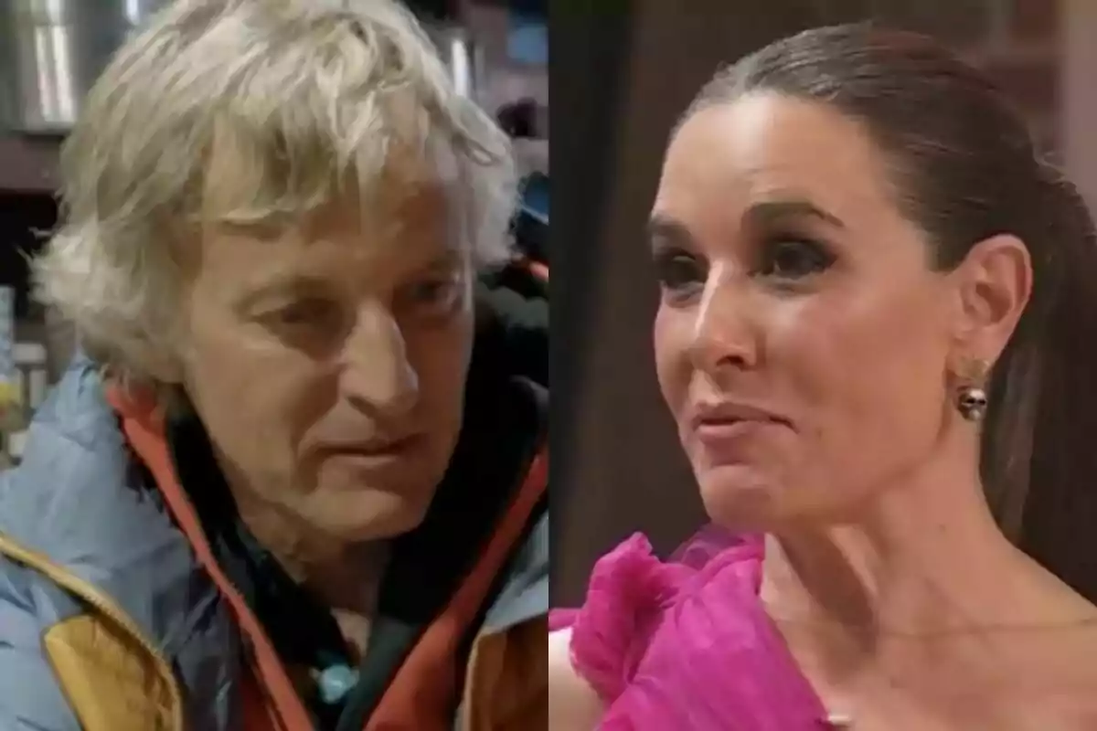 Dues persones en una imatge dividida, Jesús Calleja amb cabell ros i jaqueta a Universo Calleja, Raquel Sánchez Silva amb cabell fosc recollit i vestit rosa a Maestros de la Costura Celebrity.