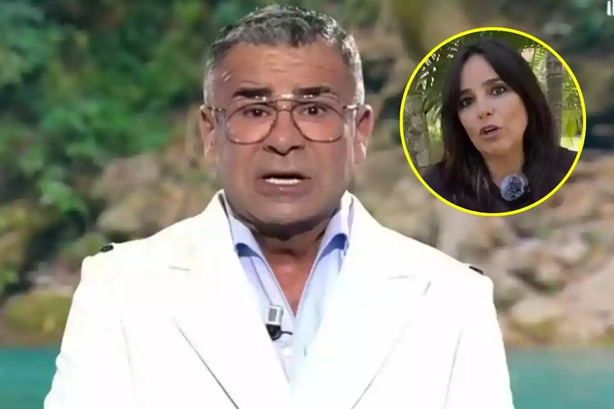 Jorge Javier Vázquez con gafas y chaqueta blanca aparece en primer plano mientras Carmen Alcayde en un círculo amarillo está en la esquina superior derecha sobre un fondo natural.