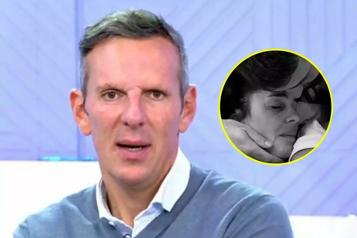 Joaquín Prat amb expressió seriosa a Vamos a ver amb una imatge en blanc i negre d'Anabel Pantoja amb la seva filla en un cercle groc a la cantonada superior dreta.