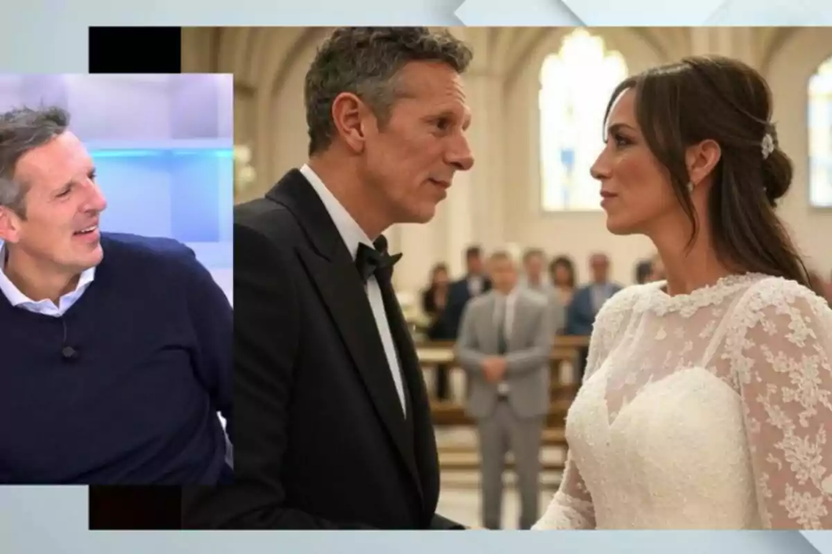 Una pareja de Joaquín Prat y Patricia Pardo vestida de novios se mira fijamente en una ceremonia mientras Joaquín Prat observa la escena desde un recuadro en Vamos a ver. Una pareja de Joaquín Prat y Patricia Pardo vestida de novios se mira fijamente en una ceremonia mientras Joaquín Prat observa la escena desde un recuadro en Vamos a ver.