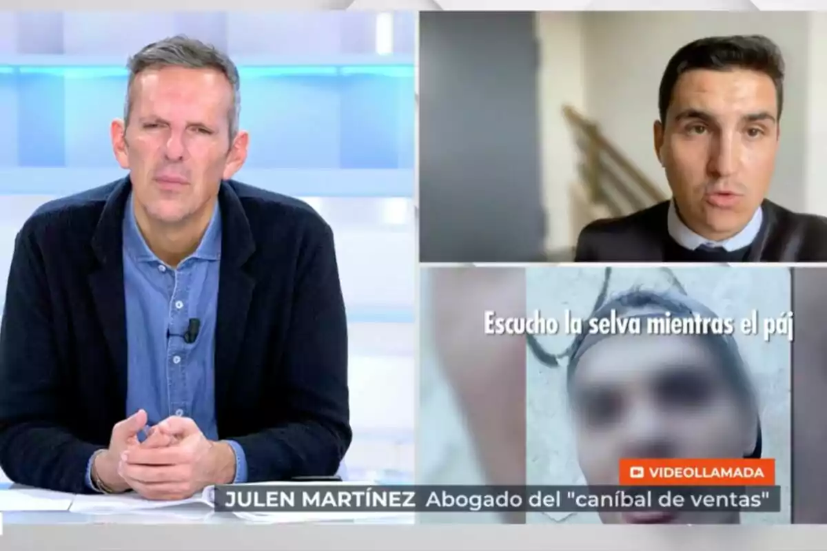 Joaquín Prat és a Anem a ver mientras a la pantalla es mostra una videotrucada amb dues persones, una d'elles identificada com a Julen Martínez, advocat del Joaquín Prat és a Anem a ver mientras a la pantalla es mostra una videotrucada amb dues persones, una d'elles identificada com a Julen Martínez, advocat del