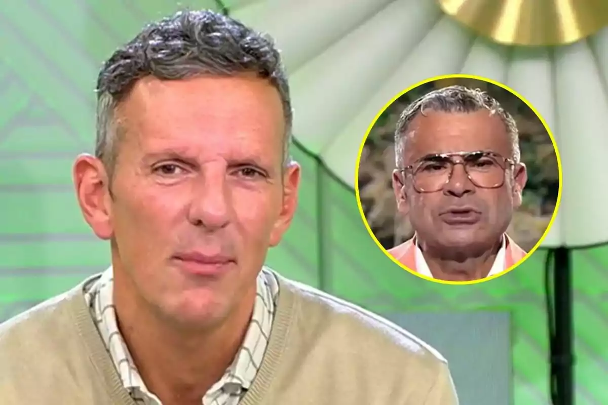 Joaquín Prat con cabello corto y canoso en Vamos a ver aparece en primer plano mientras que en la esquina superior derecha hay un círculo amarillo con la imagen de Jorge Javier Vázquez con gafas en Supervivientes.