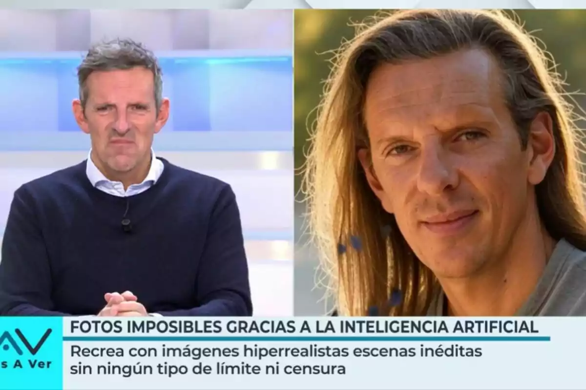 Joaquín Prat enfadado al lado de una imagen suya con pelo en Vamos a ver con un texto que menciona la creación de imágenes hiperrealistas mediante inteligencia artificial. Joaquín Prat enfadado al lado de una imagen suya con pelo en Vamos a ver con un texto que menciona la creación de imágenes hiperrealistas mediante inteligencia artificial.