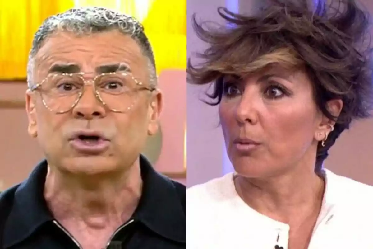 Dos personas en un programa de televisión, Jorge Javier Vázquez con gafas y cabello corto en El Diario de Jorge y Sonsoles Ónega con cabello alborotado y expresión sorprendida en Y ahora Sonsoles.
