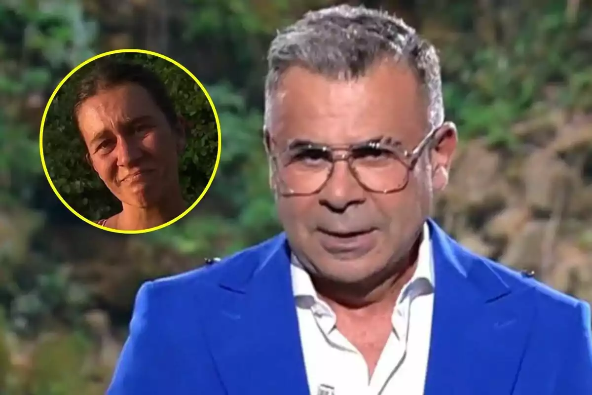 Jorge Javier Vázquez amb ulleres i jaqueta blava apareix en primer pla mentre Laura Cuevas a Supervivientes és mostrada en un cercle groc a la cantonada superior esquerra.