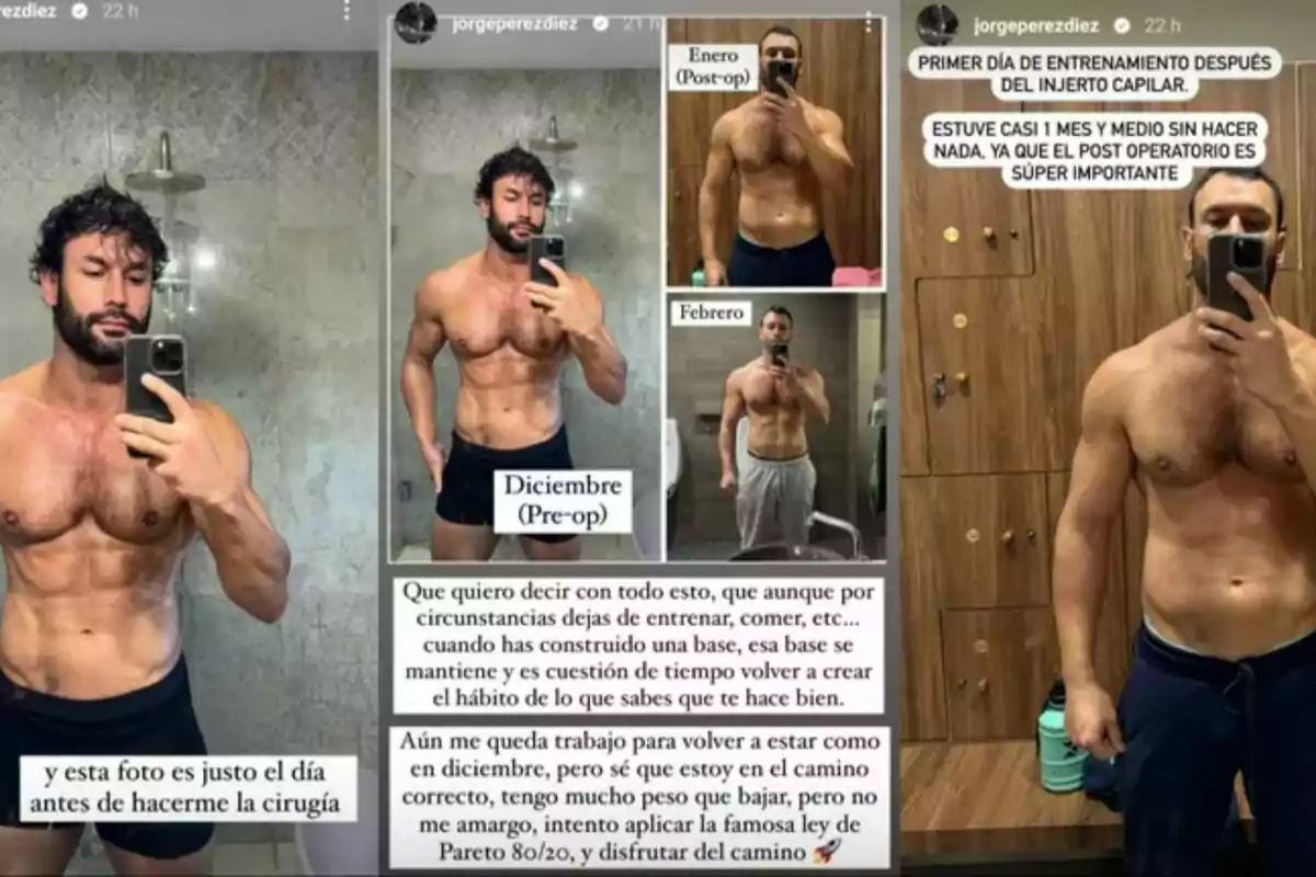 Jorge Pérez mostra el seu progrés físic en diverses fotos, amb textos que descriuen el seu estat abans i després d'una cirurgia i el seu retorn a l'entrenament. Jorge Pérez mostra el seu progrés físic en diverses fotos, amb textos que descriuen el seu estat abans i després d'una cirurgia i el seu retorn a l'entrenament.