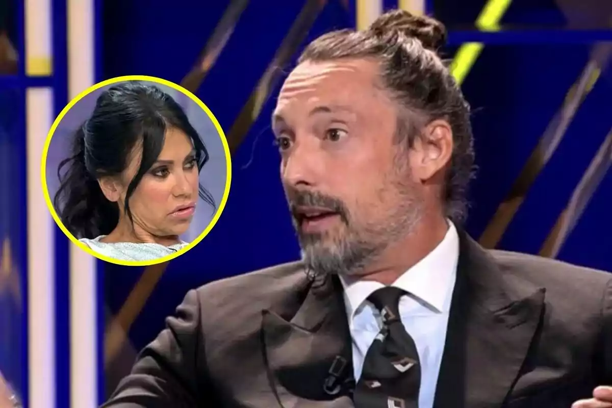 José Antonio León con traje y corbata habla en De Viernes, mientras que en un círculo amarillo se muestra el rostro de Maite Galdeano con expresión seria.