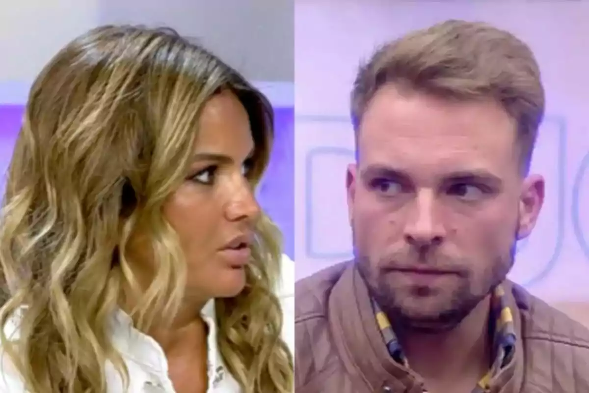 Marta López en Vamos a ver y José María Almoguera en GH DÚO mirándose en un entorno de estudio de televisión.