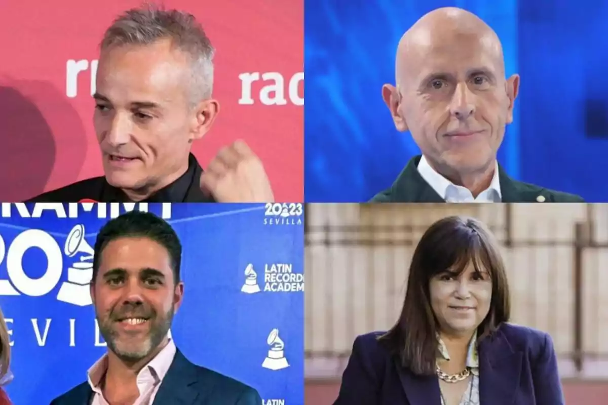 Cuatro personas como jurado del Benidorm Fest en un collage, Roberto Santamaría y Javier Llano en la parte superior y Jaime Acero y Claudia Orellana en la parte inferior, cada uno en diferentes entornos.