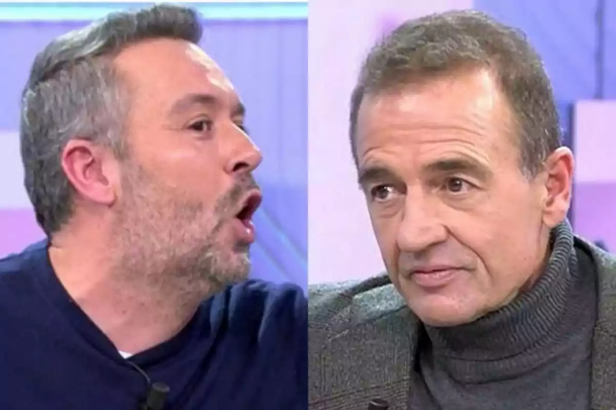 Kike Calleja y Alessandro Lequio en Vamos a ver, uno hablando con expresión intensa y el otro escuchando atentamente.