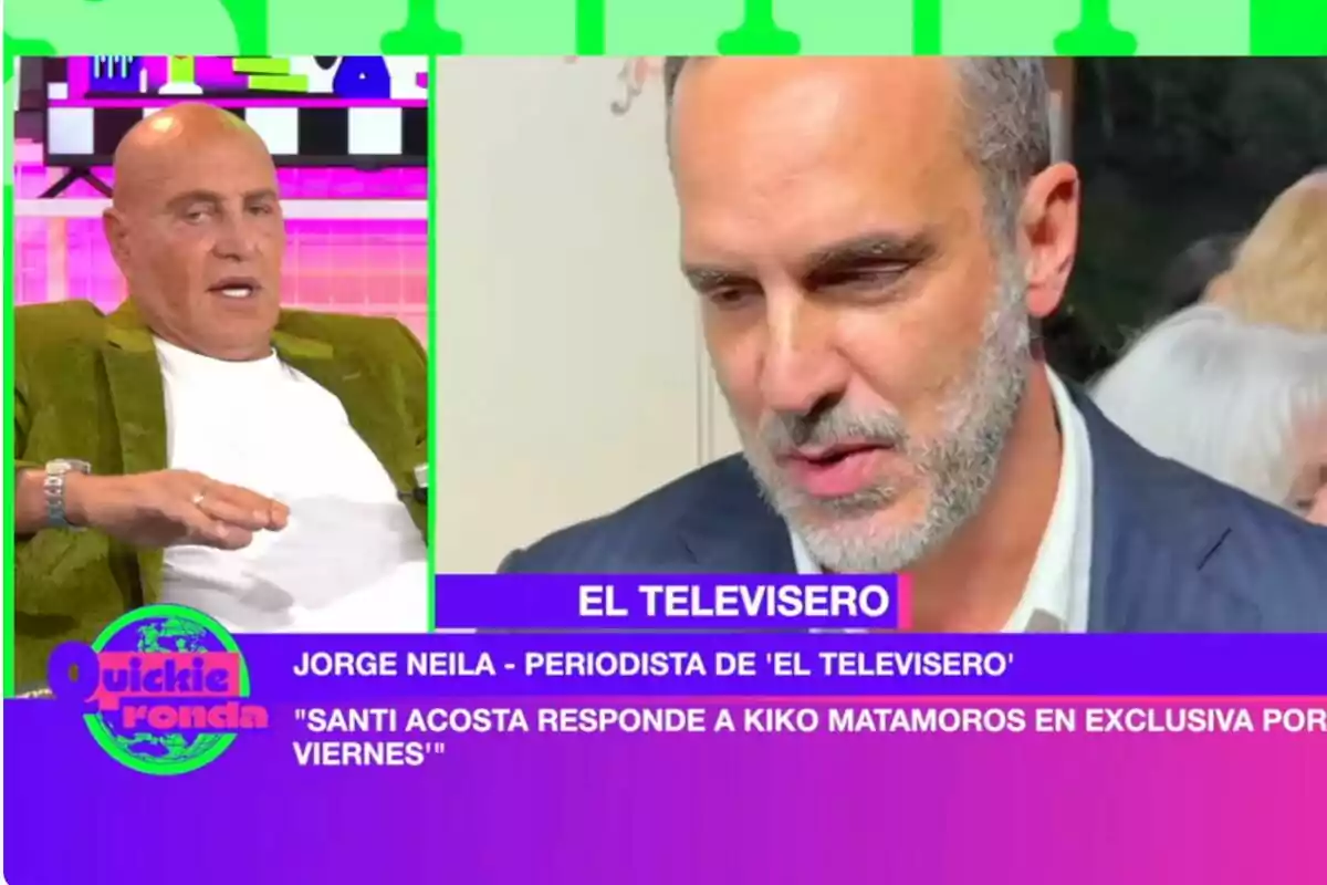 A la imatge s'observa en Kiko Matamoros en un programa de televisió, un d'ells està assegut en un plató acolorit i Santi Acosta apareix en un primer pla, amb un text a la part inferior que menciona un periodista i una resposta exclusiva.