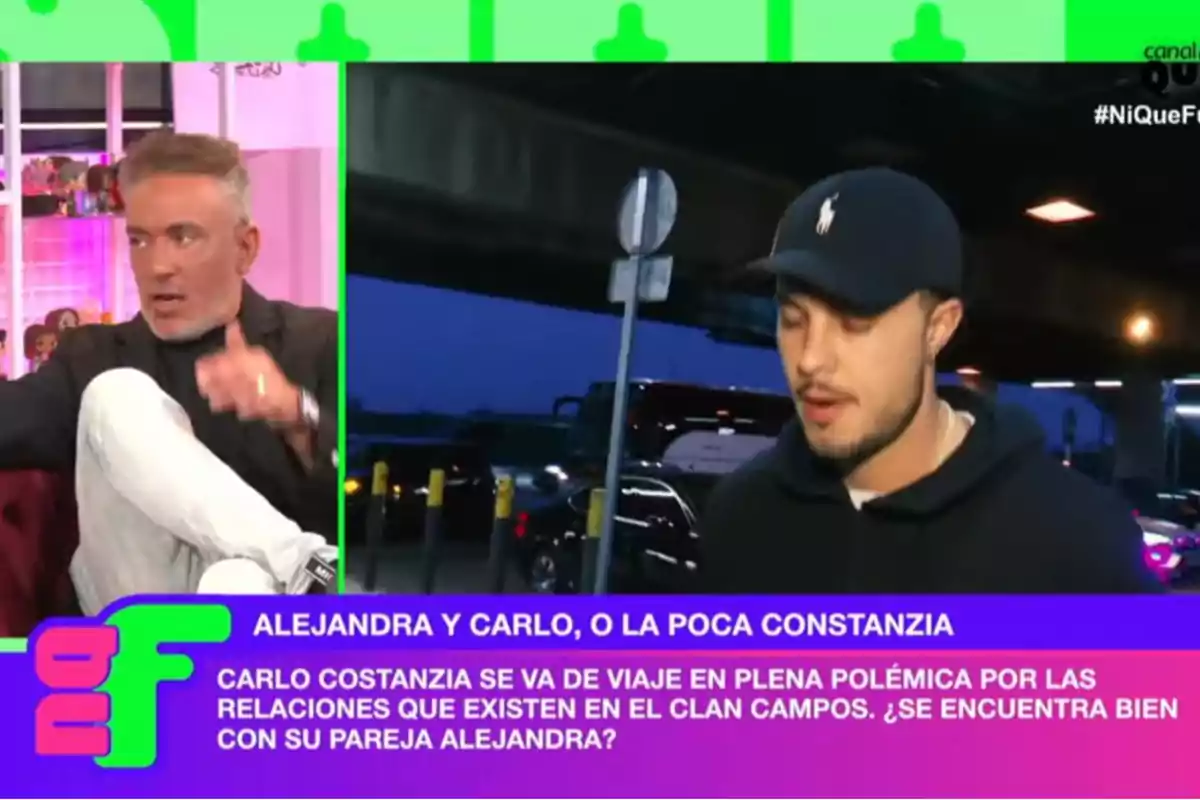 En 'Ni que fuéramos', Kiko Hernández discute sobre la relación de una pareja mientras se muestra una imagen de Carlo Costanzia con gorra en un entorno urbano. En 'Ni que fuéramos', Kiko Hernández discute sobre la relación de una pareja mientras se muestra una imagen de Carlo Costanzia con gorra en un entorno urbano.