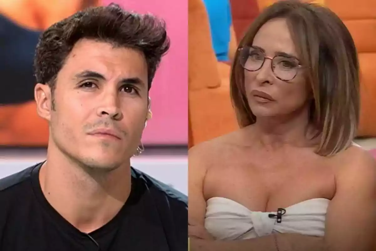 Kiko Jiménez con cabello oscuro y María Patiño con gafas y cabello liso posan en un programa de televisión con expresiones serias