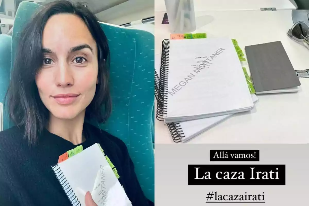 Megan Montaner cabello oscuro y corto sostiene un cuaderno con su nombre mientras está sentada en un asiento de tren; a la derecha, una mesa con un cuaderno similar, una libreta gris, gafas de sol y una bebida, con el texto Megan Montaner cabello oscuro y corto sostiene un cuaderno con su nombre mientras está sentada en un asiento de tren; a la derecha, una mesa con un cuaderno similar, una libreta gris, gafas de sol y una bebida, con el texto