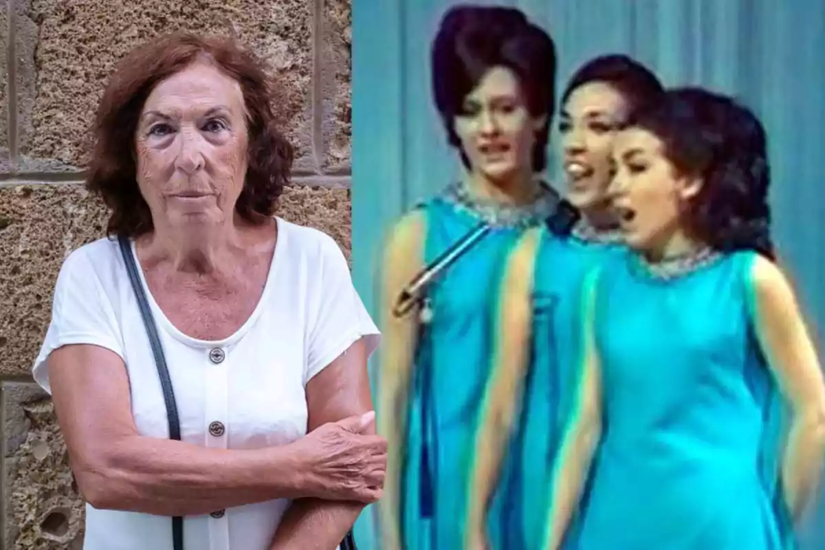 La Macaria, amb cabell castany i una samarreta blanca, està dreta al costat d'una imatge de tres dones joves cantant en un escenari, vestides amb vestits blaus.