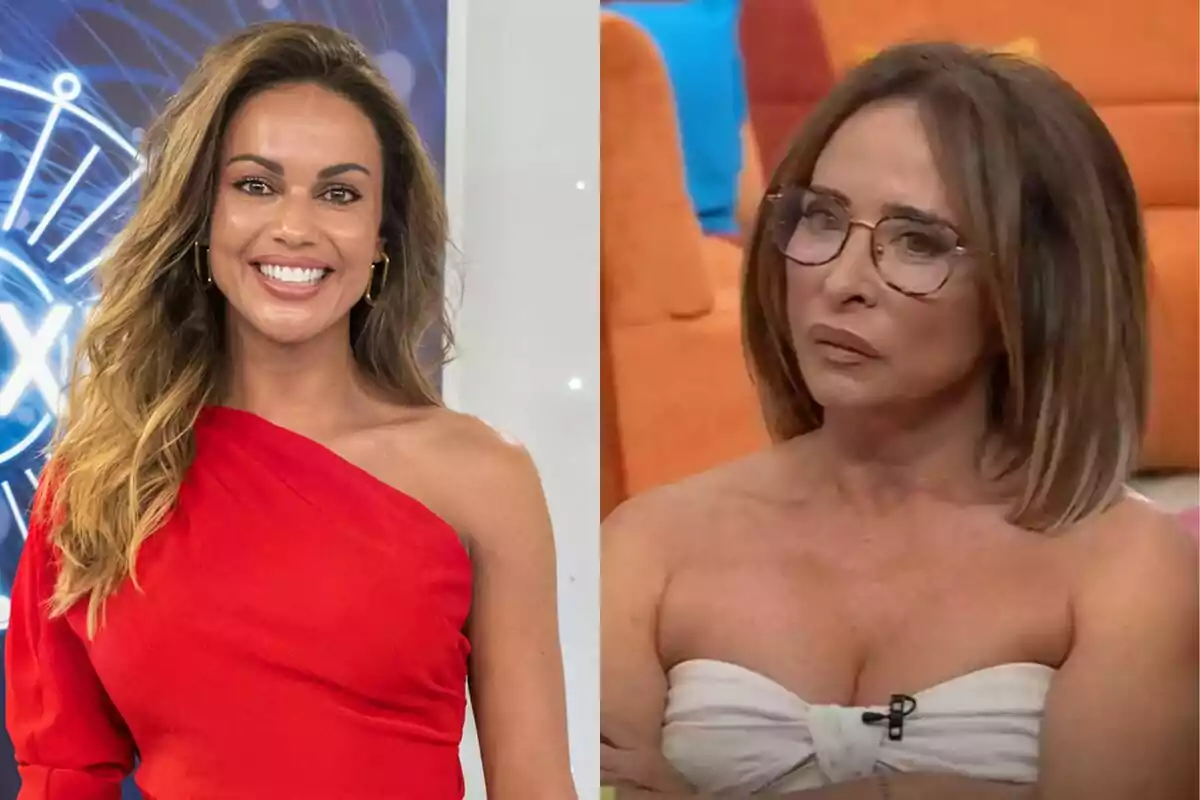 Lara Álvarez i María Patiño posen en ambients diferents, una somriu amb un vestit vermell d’un sol muscle i l’altra porta ulleres i un top blanc, amb expressió seriosa.