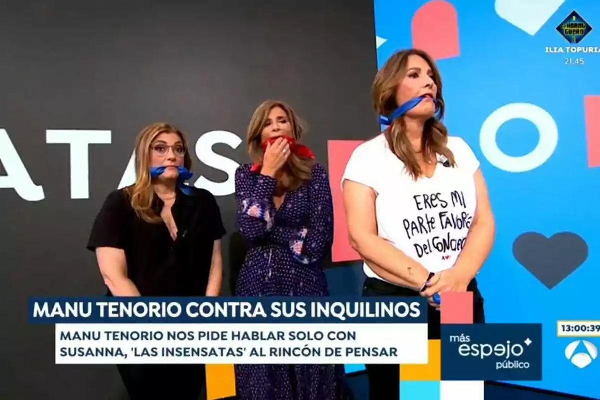 Lorena Vázquez, Gema López y Laura Fa con cintas en la boca están en un programa de televisión llamado Lorena Vázquez, Gema López y Laura Fa con cintas en la boca están en un programa de televisión llamado