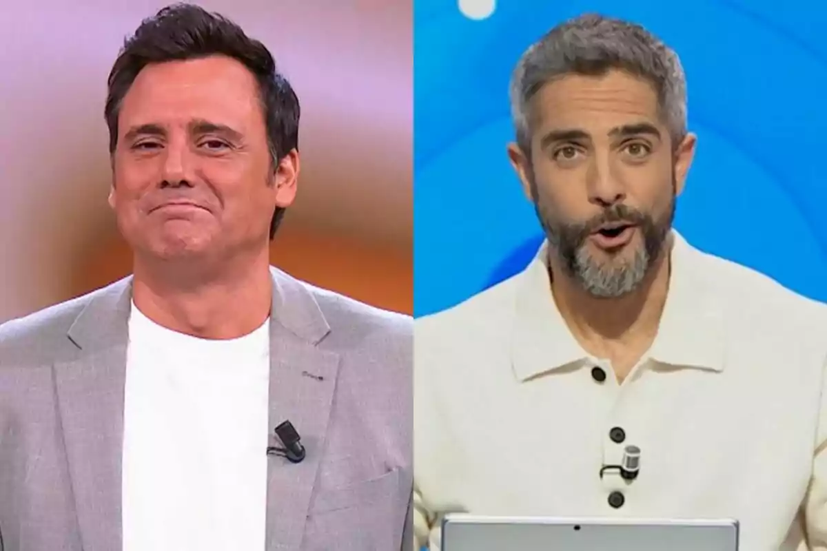 Ion Aramendi y Roberto Leal, uno con chaqueta gris y camiseta blanca, el otro con camisa clara y barba, ambos con micrófonos.