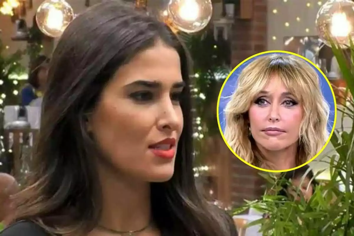 Lidia Torrent de cabello oscuro en un entorno iluminado con una imagen circular de Emma García en Fiesta superpuesta.