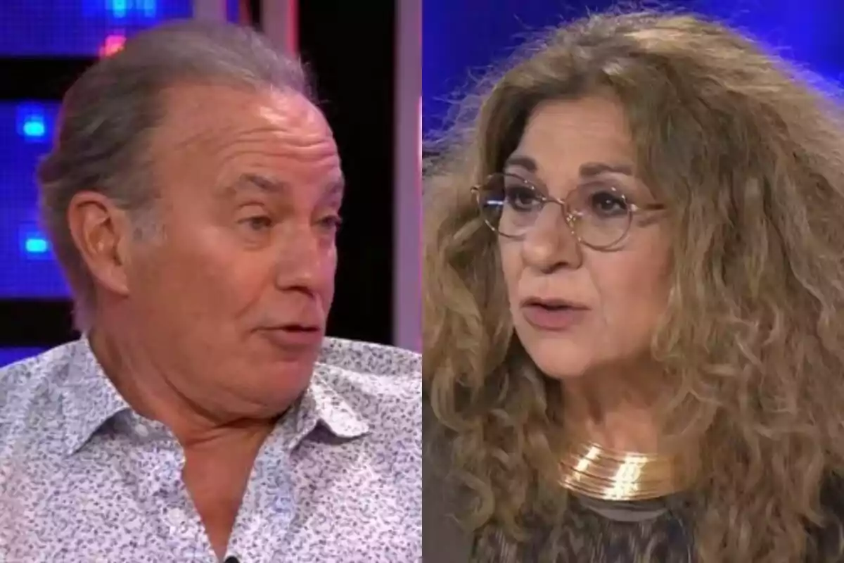 Bertín Osborne y Lolita Flores conversando en Tu Cara Me Suena con fondo iluminado