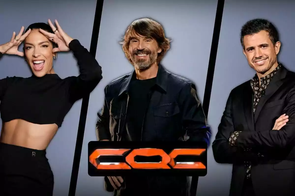 Lorena Castell, Santi Millán y Pablo González Batista posan frente a un fondo gris con el logotipo naranja de Caiga quien Caiga en el centro. Lorena Castell, Santi Millán y Pablo González Batista posan frente a un fondo gris con el logotipo naranja de Caiga quien Caiga en el centro.