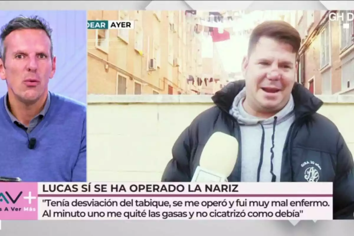Joaquín Prat i Lucas, d'Andy i Lucas apareixen en una imatge dividida, un en un estudi de televisió i l'altre a l'aire lliure amb un micròfon, amb un text a la part inferior que esmenta una operació de nas.