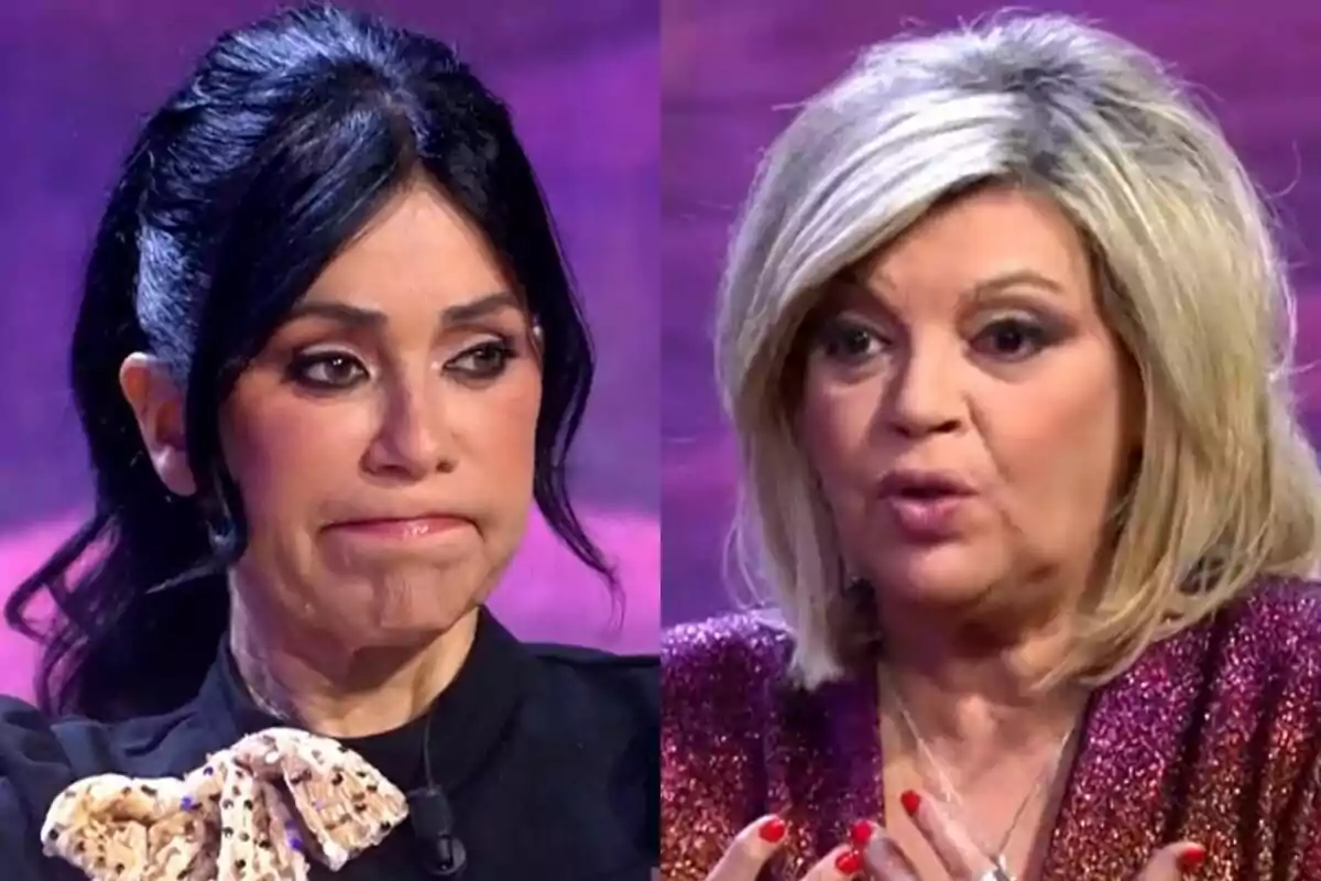 Maite Galdeano y Terelu Campos en De Viernes con expresiones serias y fondo púrpura.